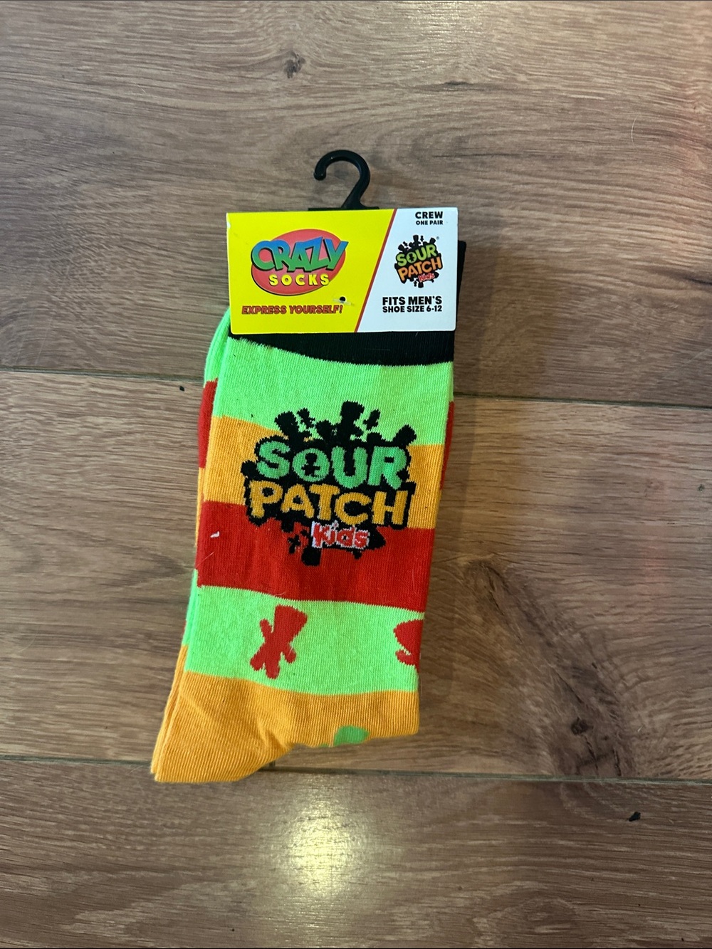 Crazy Socks x Sour Patch Kids Men's Crew Socks - Neon Green, Red, Orange Stripe
